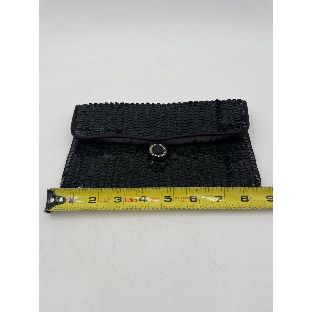 Vintage Norell Black Sequin Clutch Purse With Rhinestone Button Closure & Satin - Picture 6 of 7